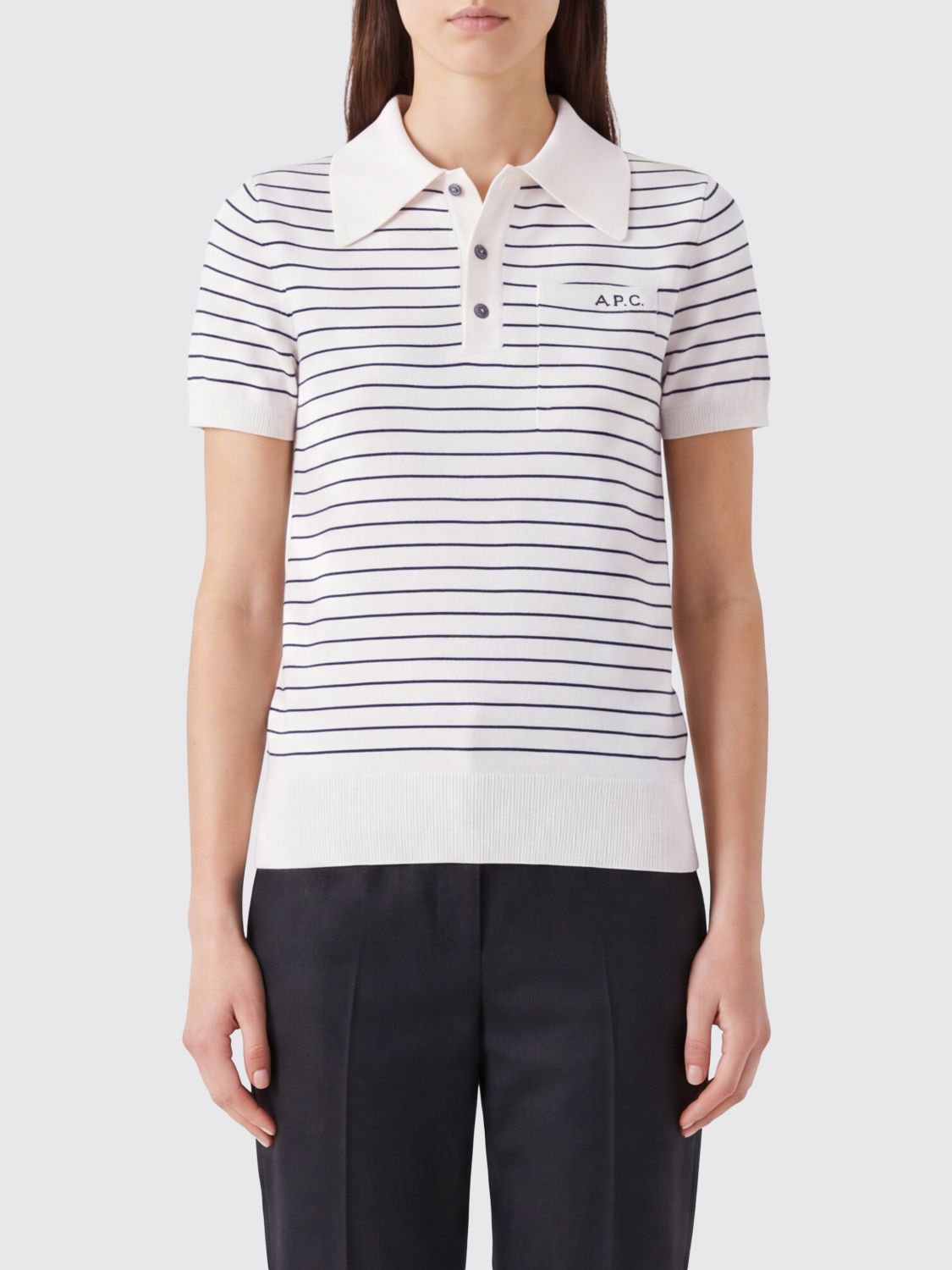 A. P.C. Gestreiftes Strick-Poloshirt aus Baumwolle mit kurzen Ärmeln