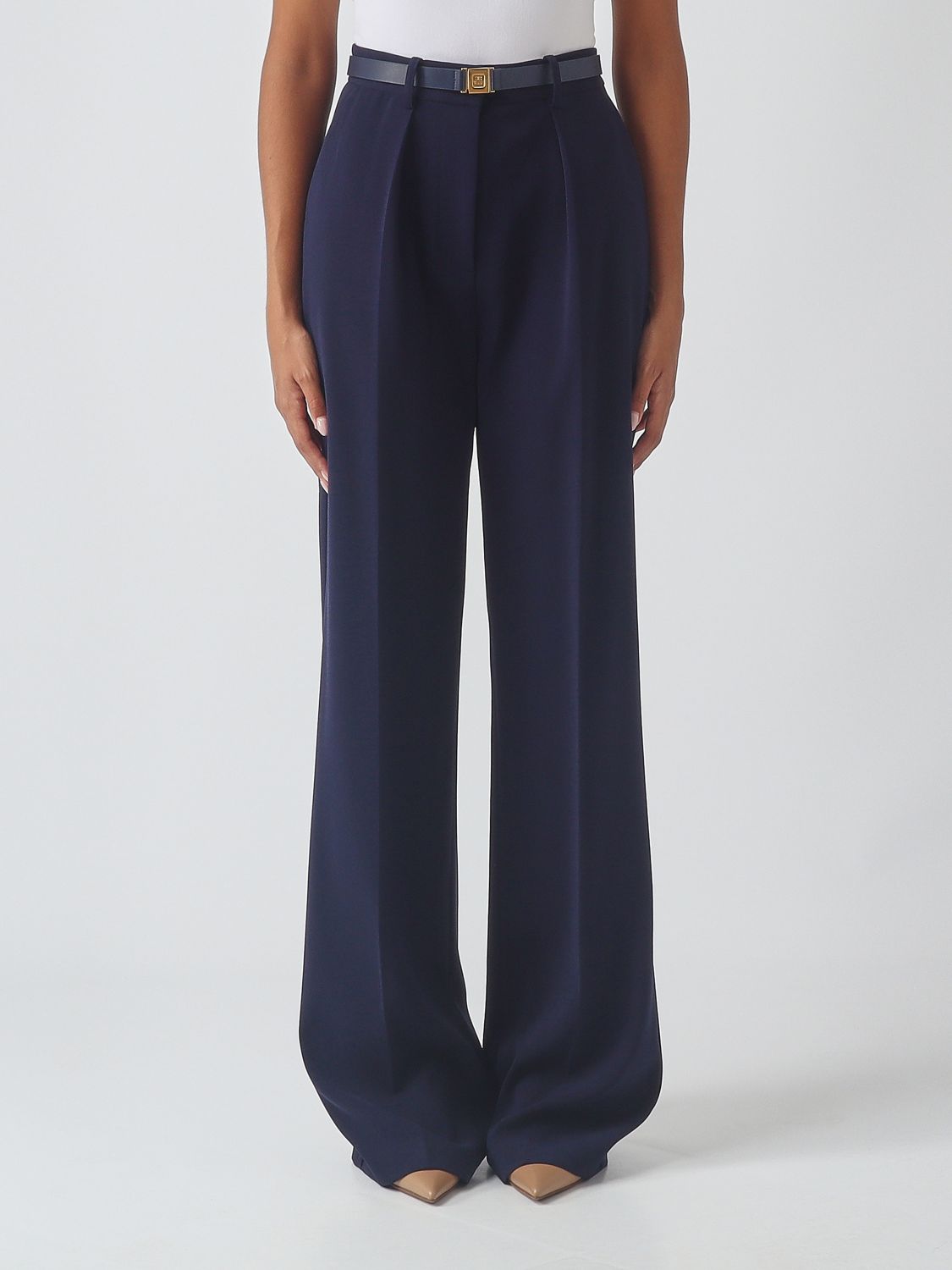 ELISABETTA FRANCHI High-Waist Crêpe-Hose mit weitem Bein und Logogürtel