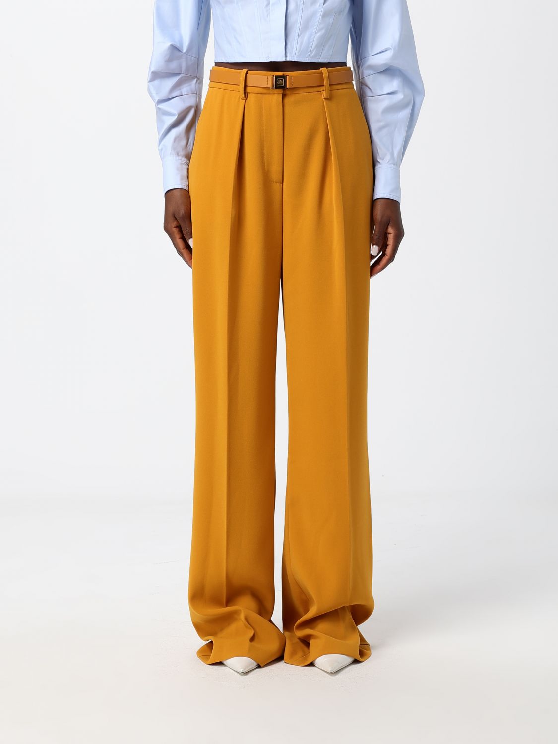 ELISABETTA FRANCHI High-Waisted Wide-Leg Crêpe Trousers with Logo Belt