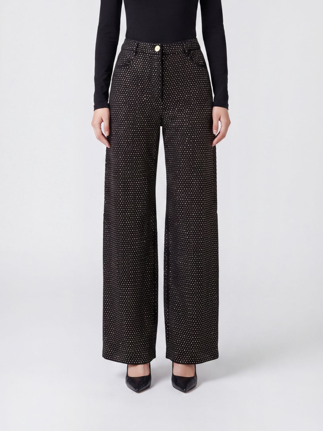 Elisabetta Franchi High-Waist Baggy Jeans in Denim with Rhinestones and Embroidery