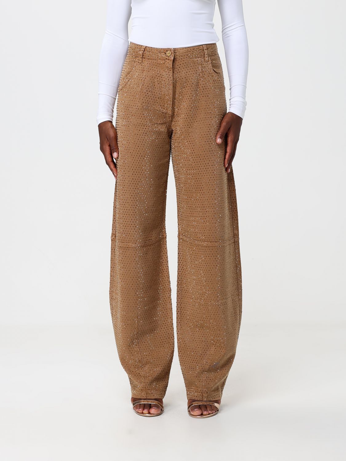 Elisabetta Franchi High-Waist Baggy Jeans in Denim with Rhinestones and Embroidery
