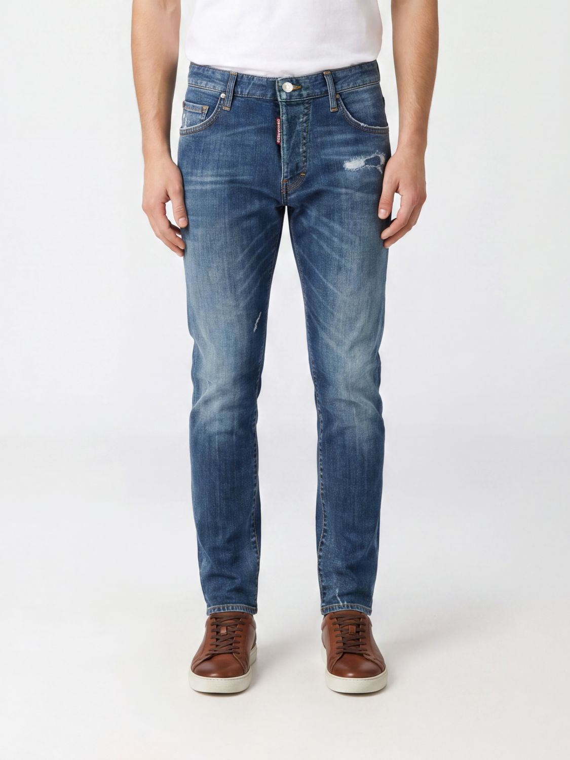 DSQUARED2 Teddy Straight Fit Cotton Denim Jeans with Distressed Effect