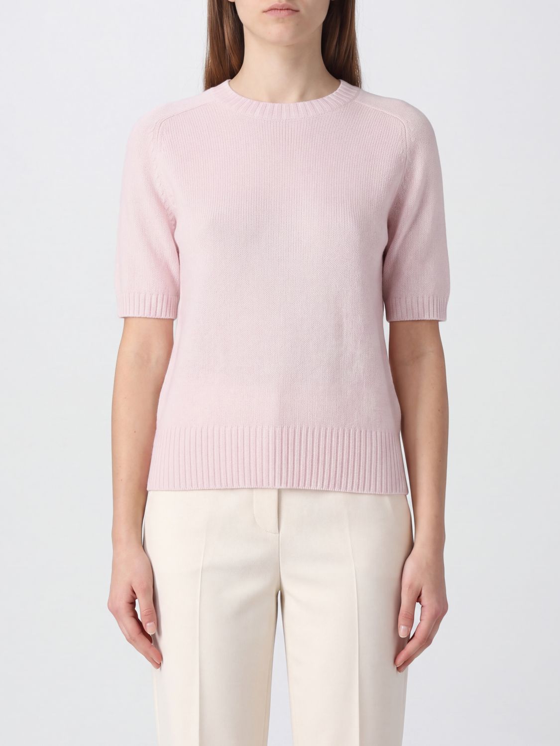 Allude Short-Sleeved Cashmere Crewneck Jumper with Ribbed Hem