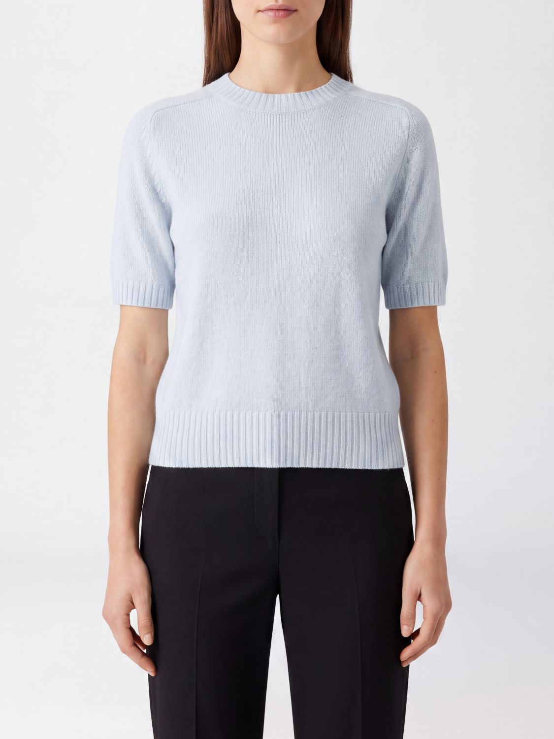 Allude Short-Sleeved Cashmere Crewneck Jumper with Ribbed Hem