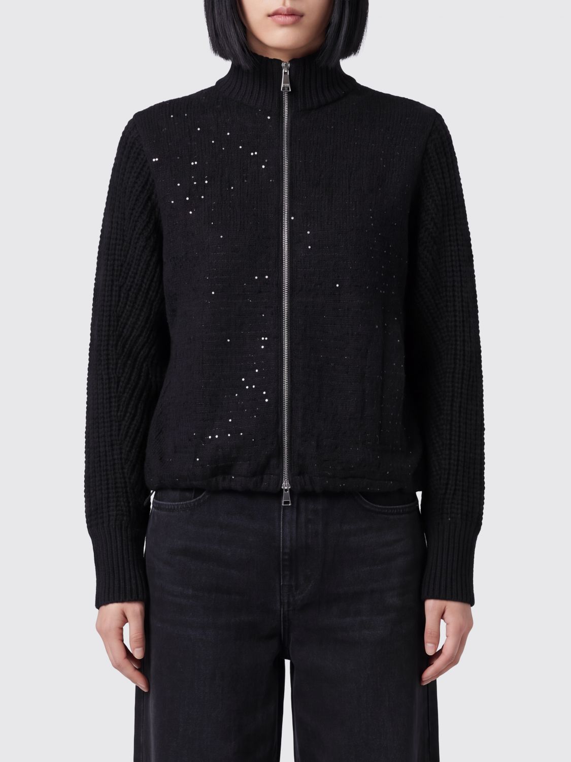 FABIANA FILIPPI Wool Blend Cardigan with High Neck, Zip Closure and Sequin Embellishment