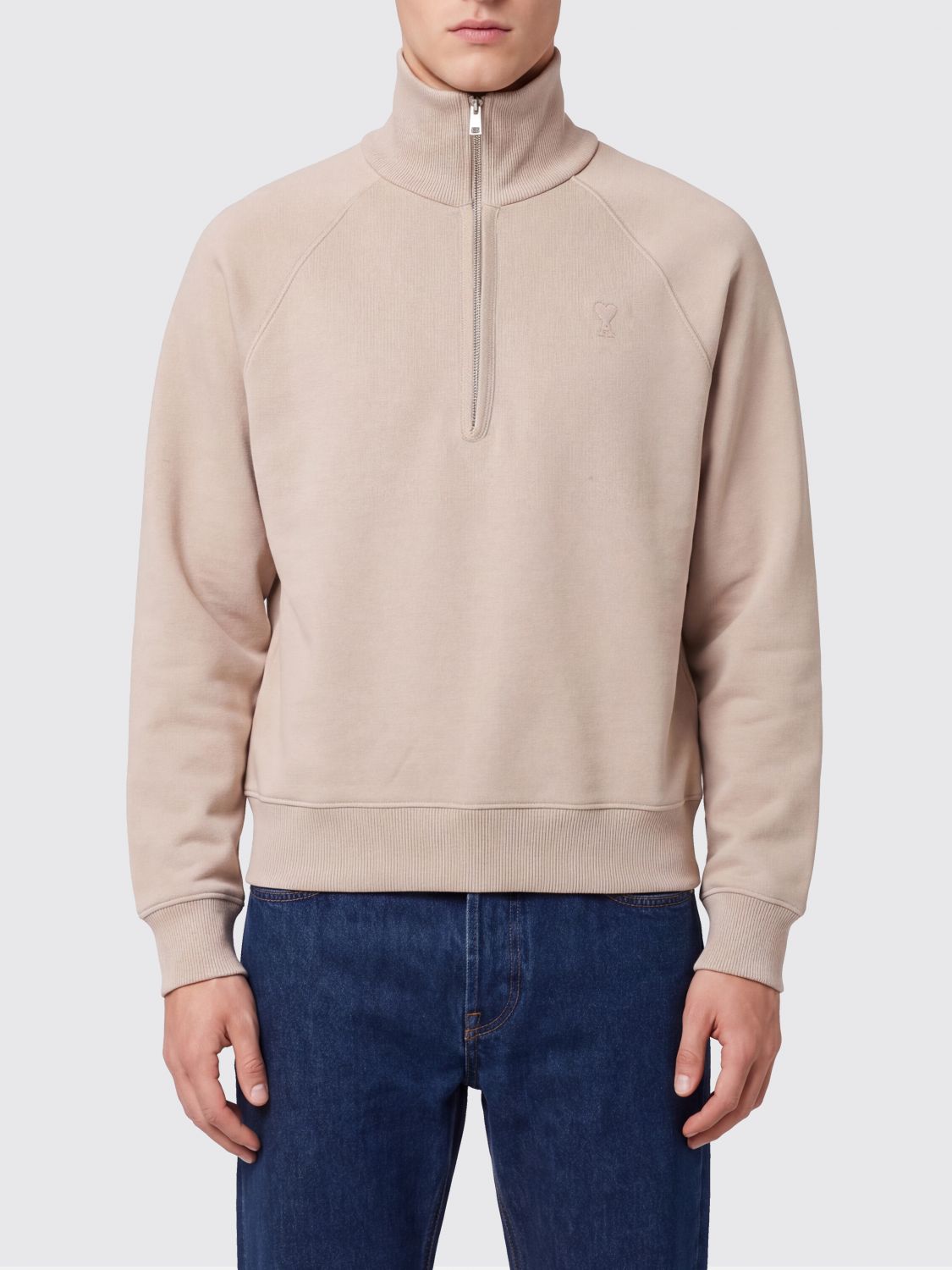 AMI PARIS Pure Cotton Sweatshirt with High Neck and Half-Zip Closure