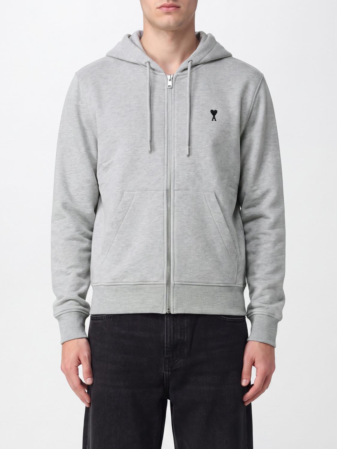 AMI PARIS Felpa con cappuccio e zip in cotone con tasca a marsupio e logo
