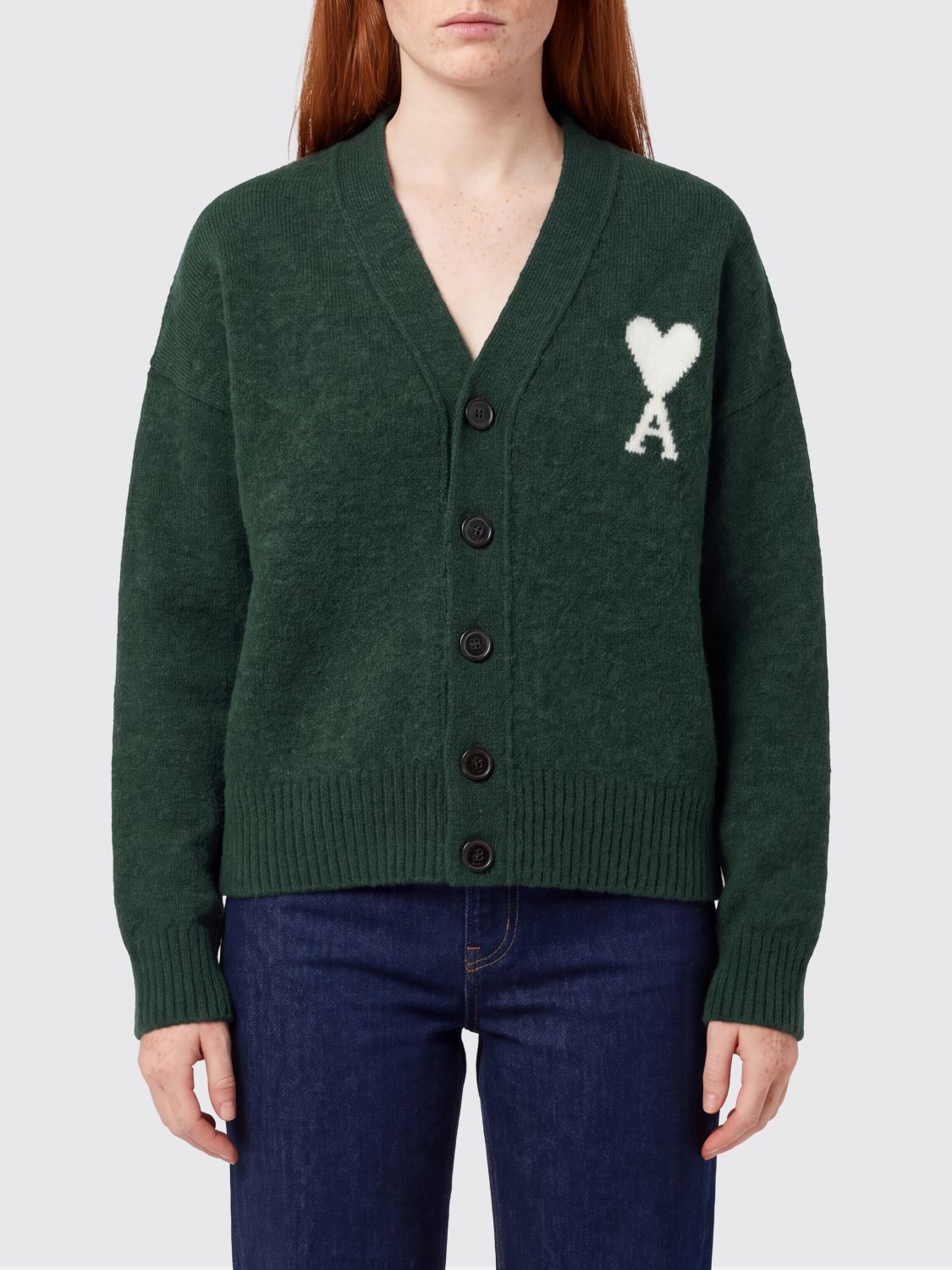 AMI PARIS Cardigan in lana di alpaca con scollo a V e logo jacquard