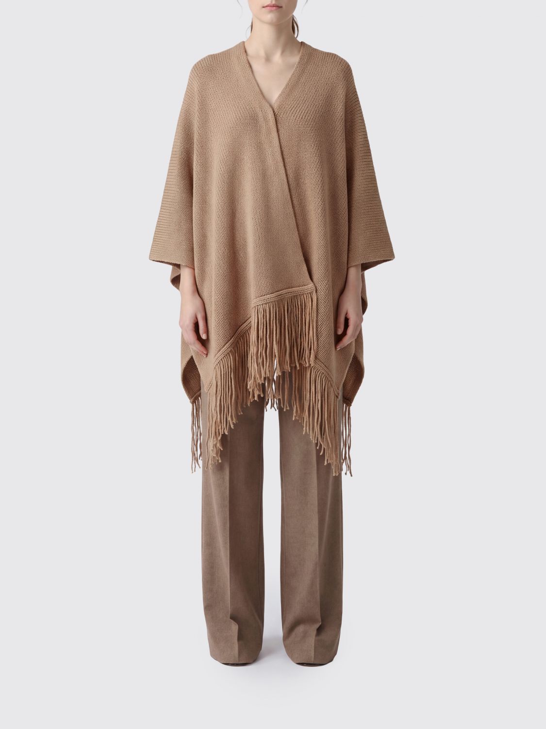 MAX MARA Knee-Length Wrap Cape in Wool and Cashmere with Fringed Hem