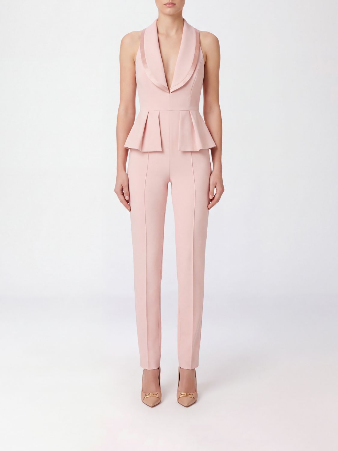 ELISABETTA FRANCHI Tuta lunga slim fit con scollo a V e balze in vita