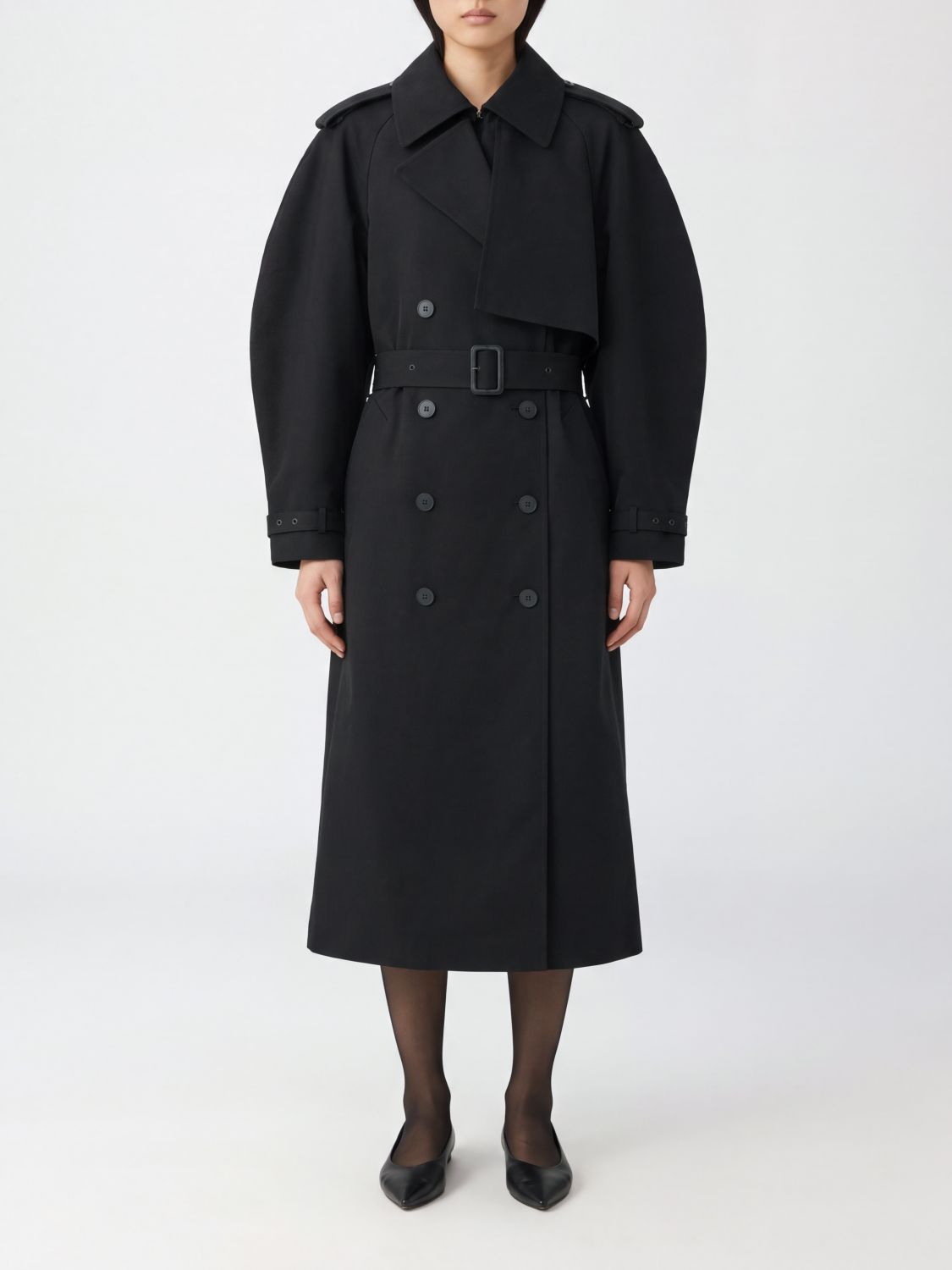 ANINE BING Double-Breasted Cotton Trench Coat with Balloon Sleeves and Belt ANINE BING Double-Breasted Cotton Trench Coat with Balloon Sleeves and Belt
