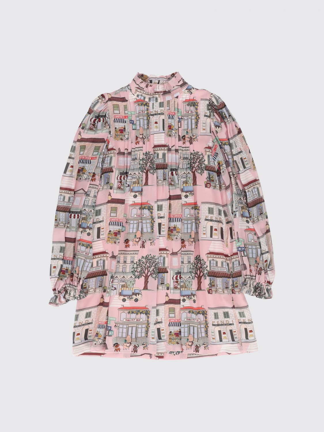 FENDI Minikleid für Mädchen aus Crêpe de Chine mit Grafikdruck und Stehkragen