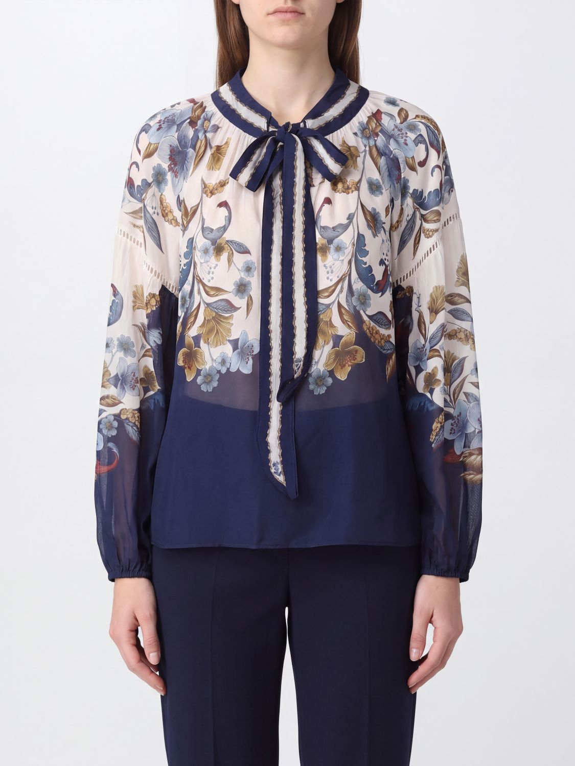 FARM RIO Floral Print Viscose Blouse with Pussy-Bow Collar and Long Sleeves