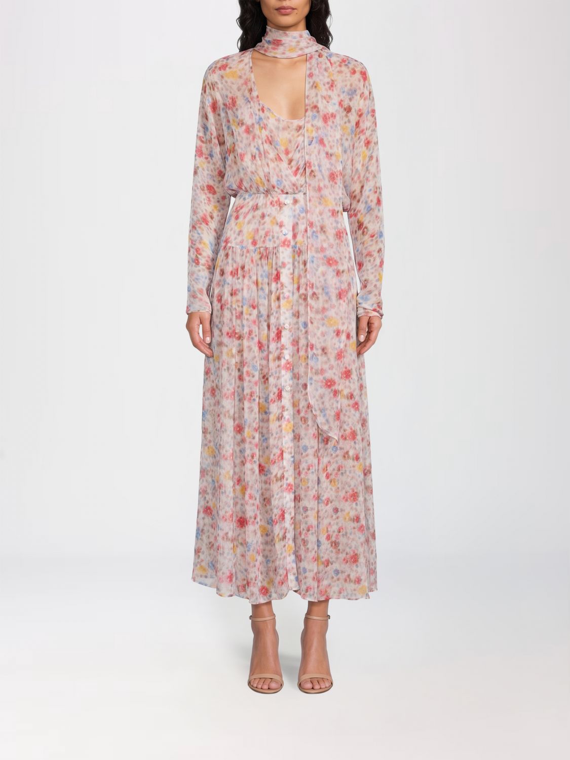 GANNI Plissiertes Midi-Kleid aus geblümtem Seidenchiffon mit Schluppenkragen