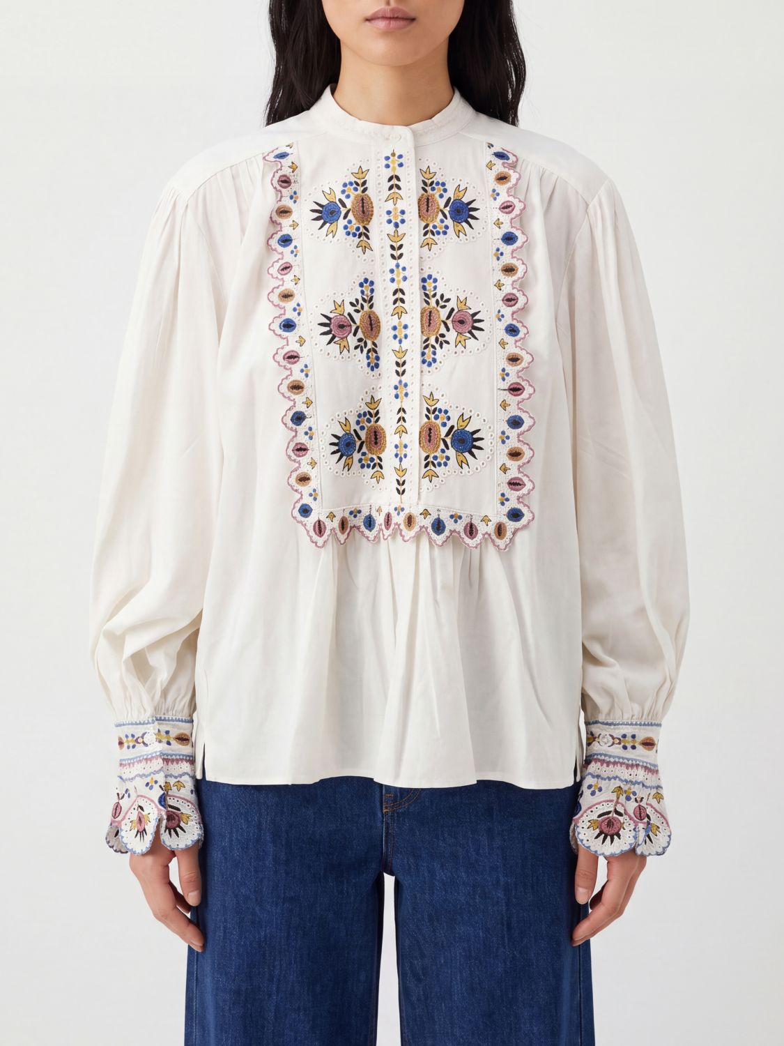 ISABEL MARANT ETOILE bestickte Leinenmischung-Bluse mit gerüschten Schultern