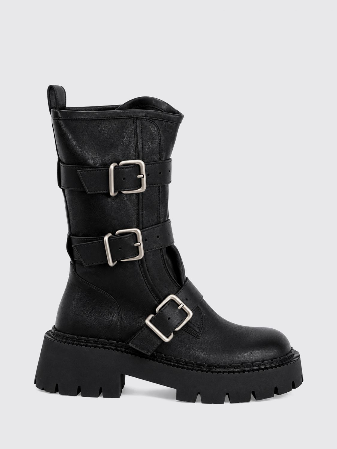 VIC MATIÉ Mid-Calf Leather Biker Boots with Adjustable Straps and Lug Sole