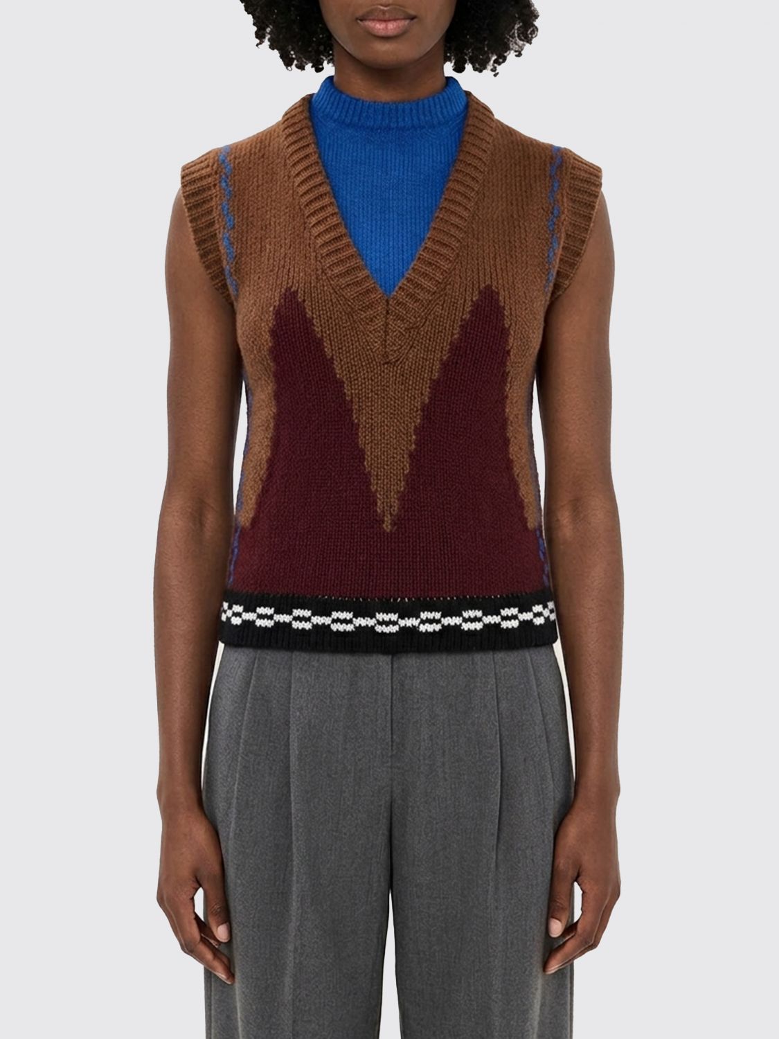 MARNI Bicolour Abstract Pattern Wool Crewneck Waistcoat with Ribbed Trim
