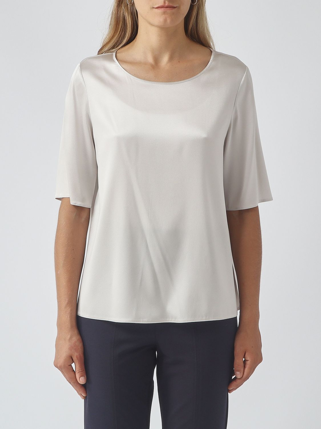 Mm Max Mara Silk-Blend Blouse with Crew Neck and Short Sleeves