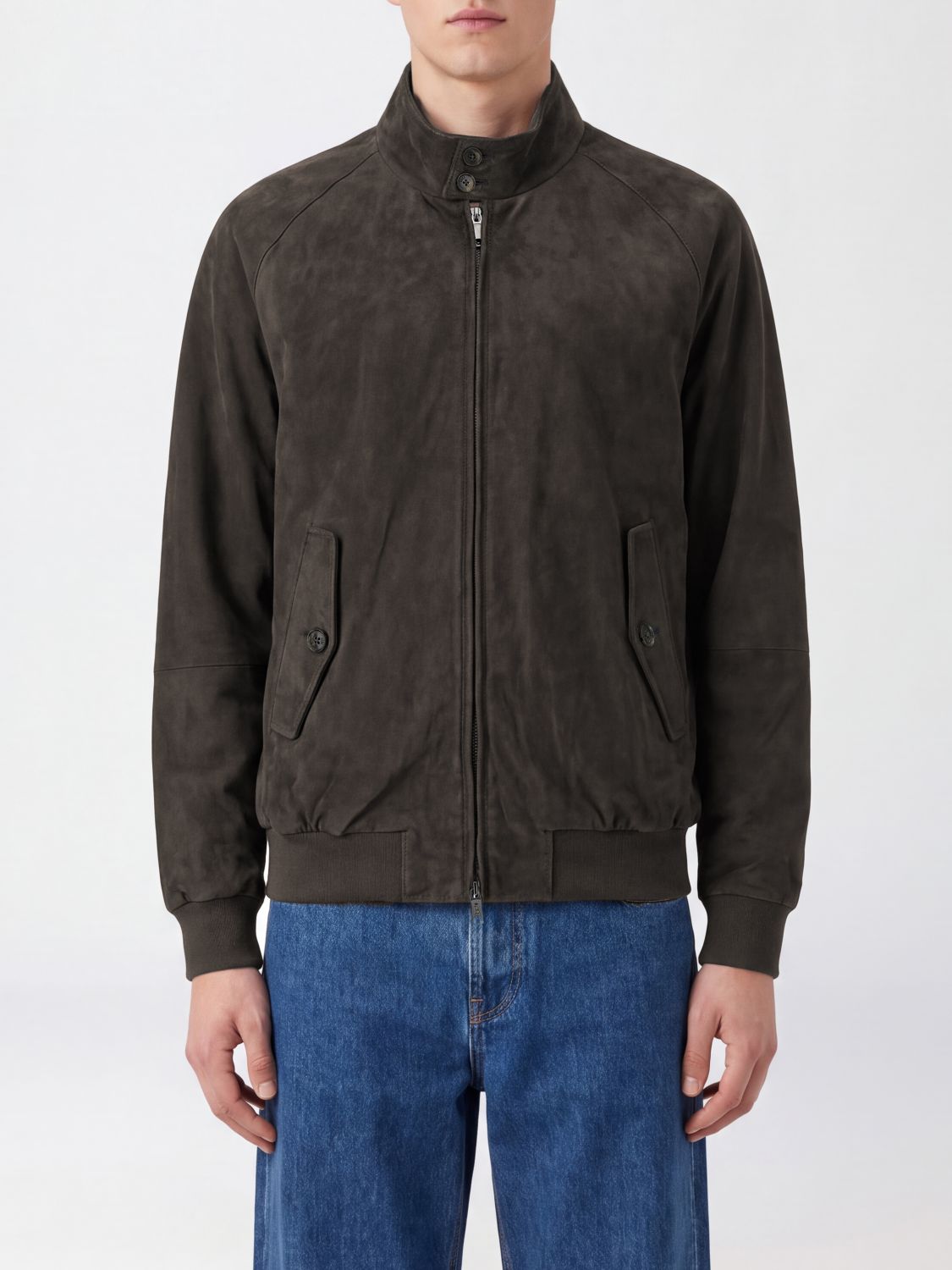 Baracuta Suede Bomber Jacket With High Collar And Zip Closure In Blue