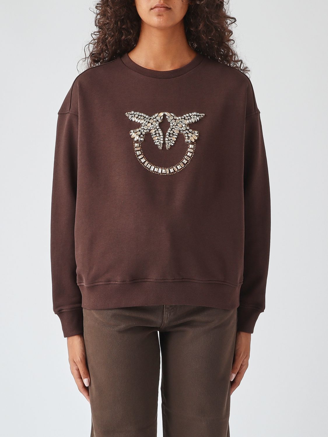 PINKO Felpa in cotone con spalle scese e logo Love Birds di strass