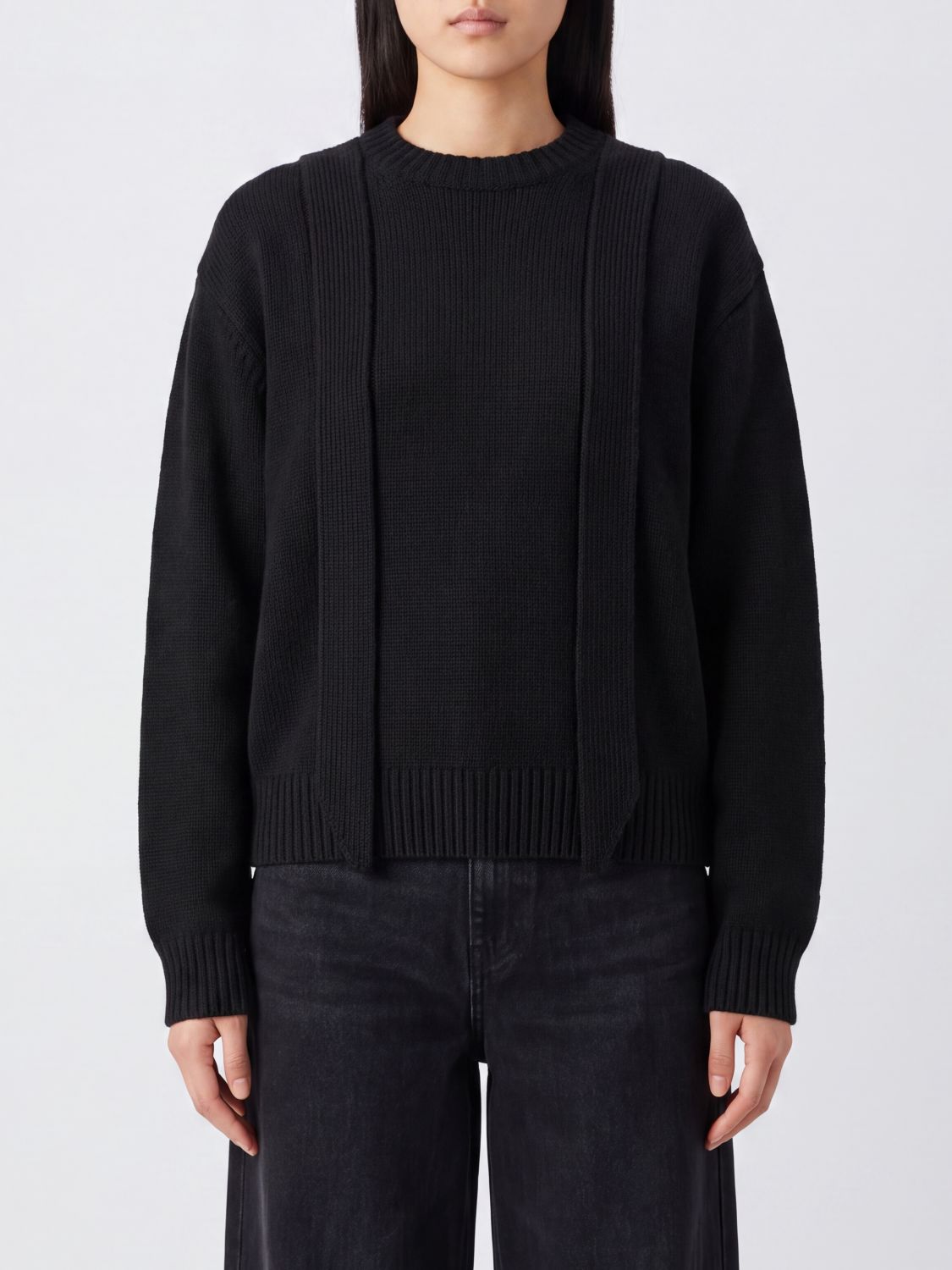 Sacai Wool Crewneck Jumper with Contrast Panel and Embroidery