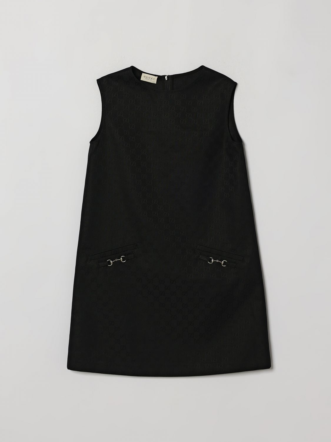 GUCCI Kurzes Baumwollkleid für Mädchen mit Horsebit-Detail und schulterfreiem Design