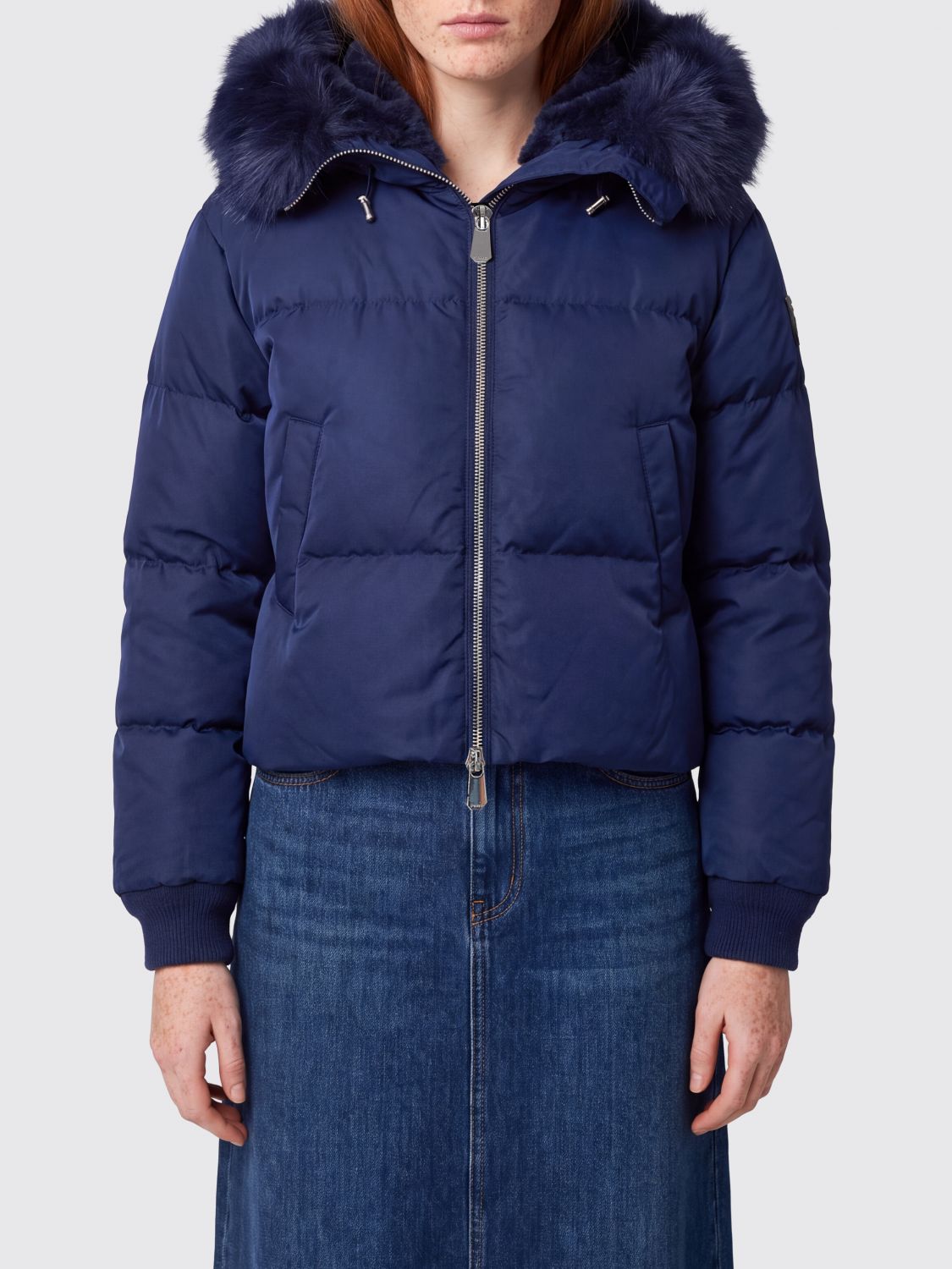 PINKO Bomber corto trapuntato con stampa camouflage e cappuccio in shearling