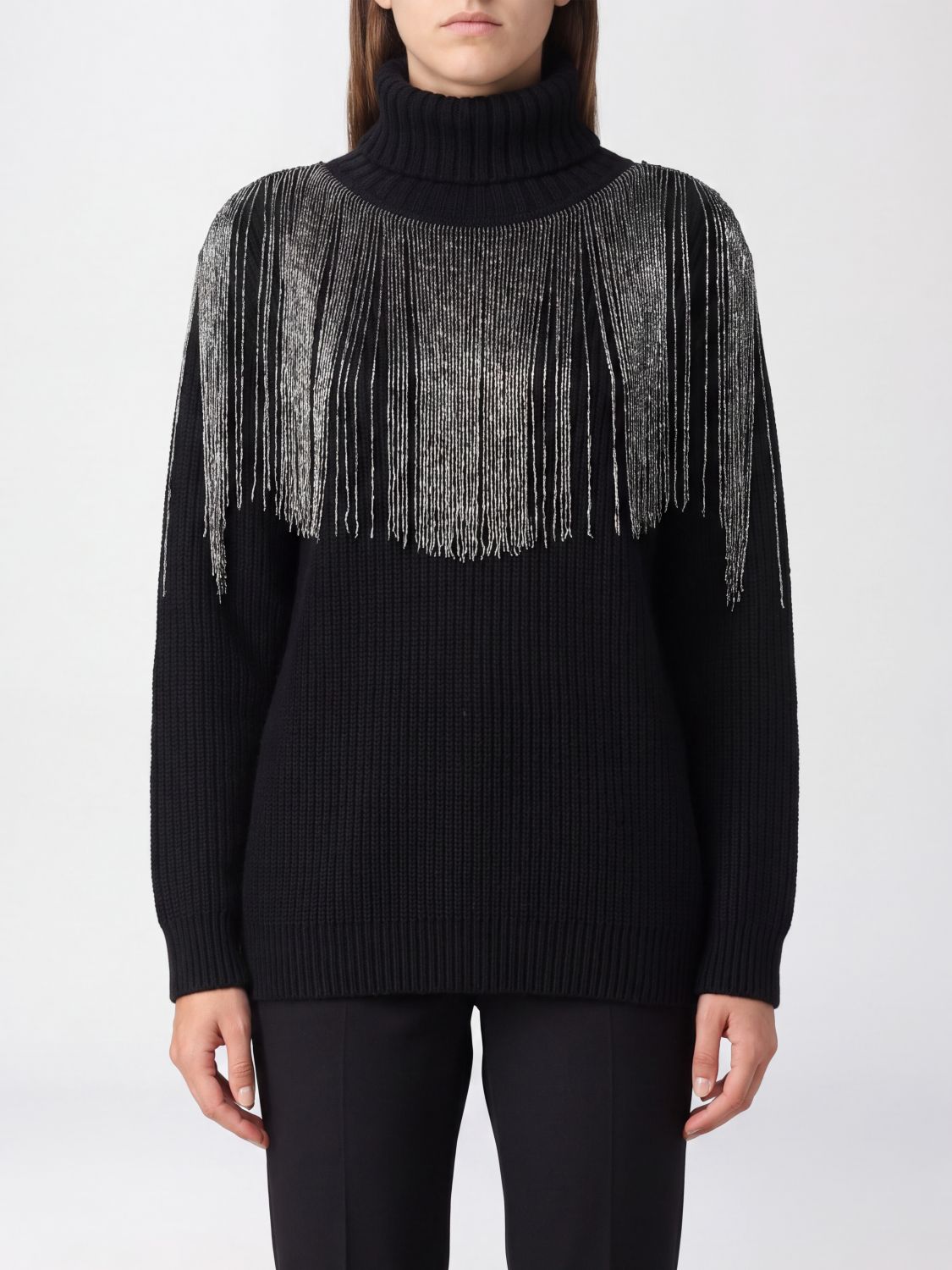 Pinko Wool Blend Turtleneck Jumper with Dropped Shoulders and Fringes