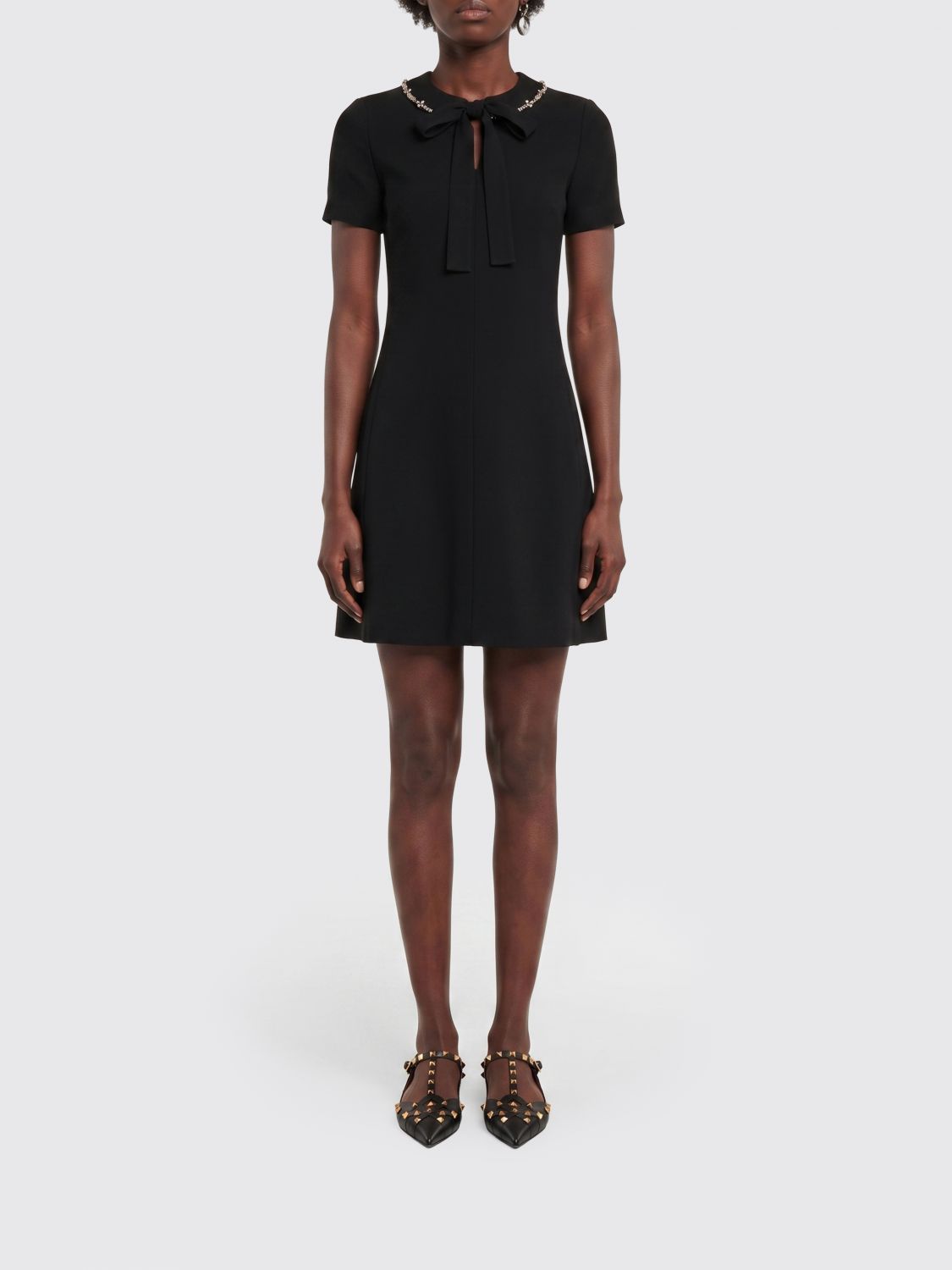 VALENTINO GARAVANI A-Line Mini Dress in Viscose Blend with Jeweled Scarf Neck