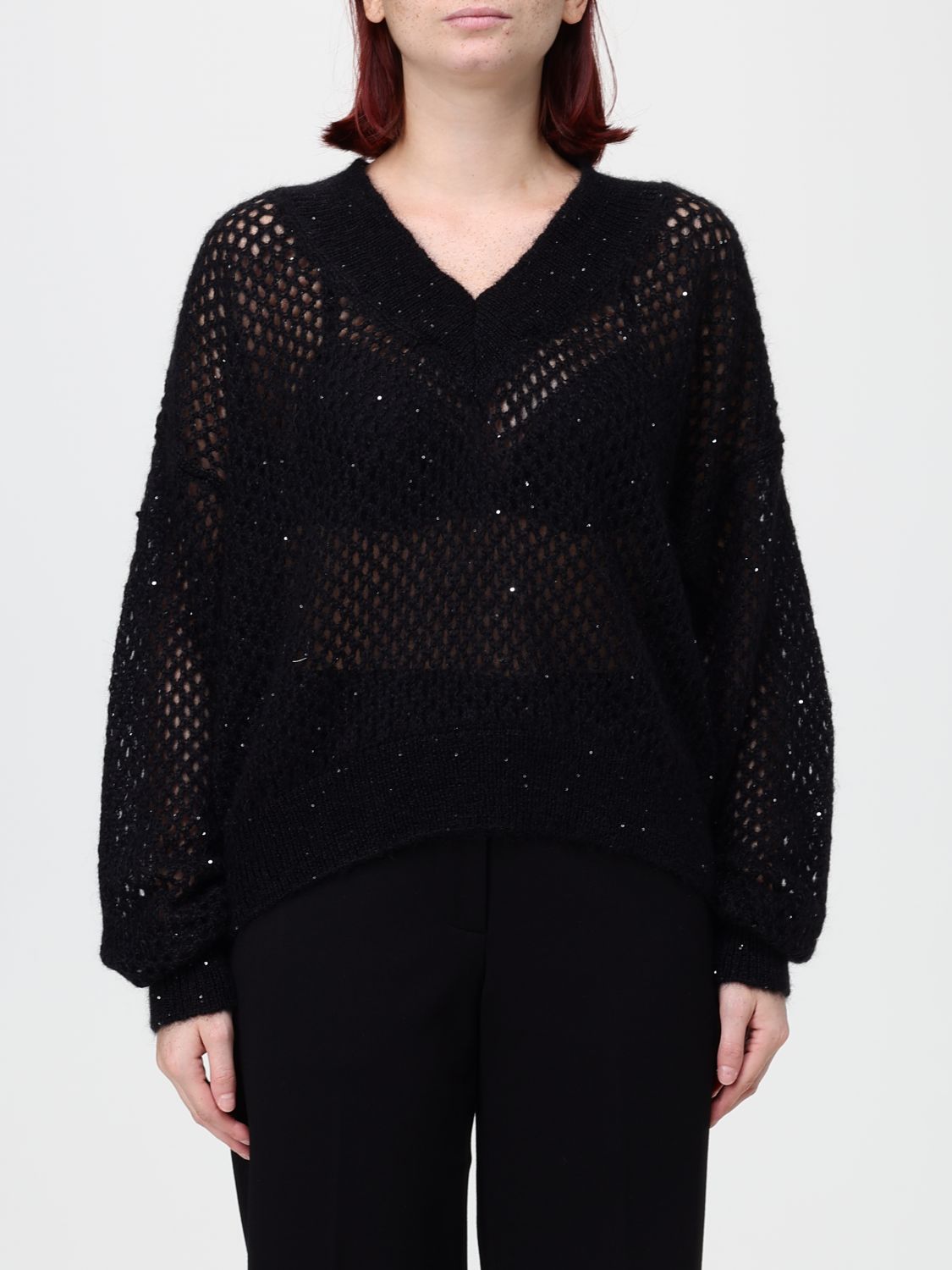 LIVIANA CONTI V-Ausschnitt-Pullover Marion aus Wollmischung mit Paillettenstickerei