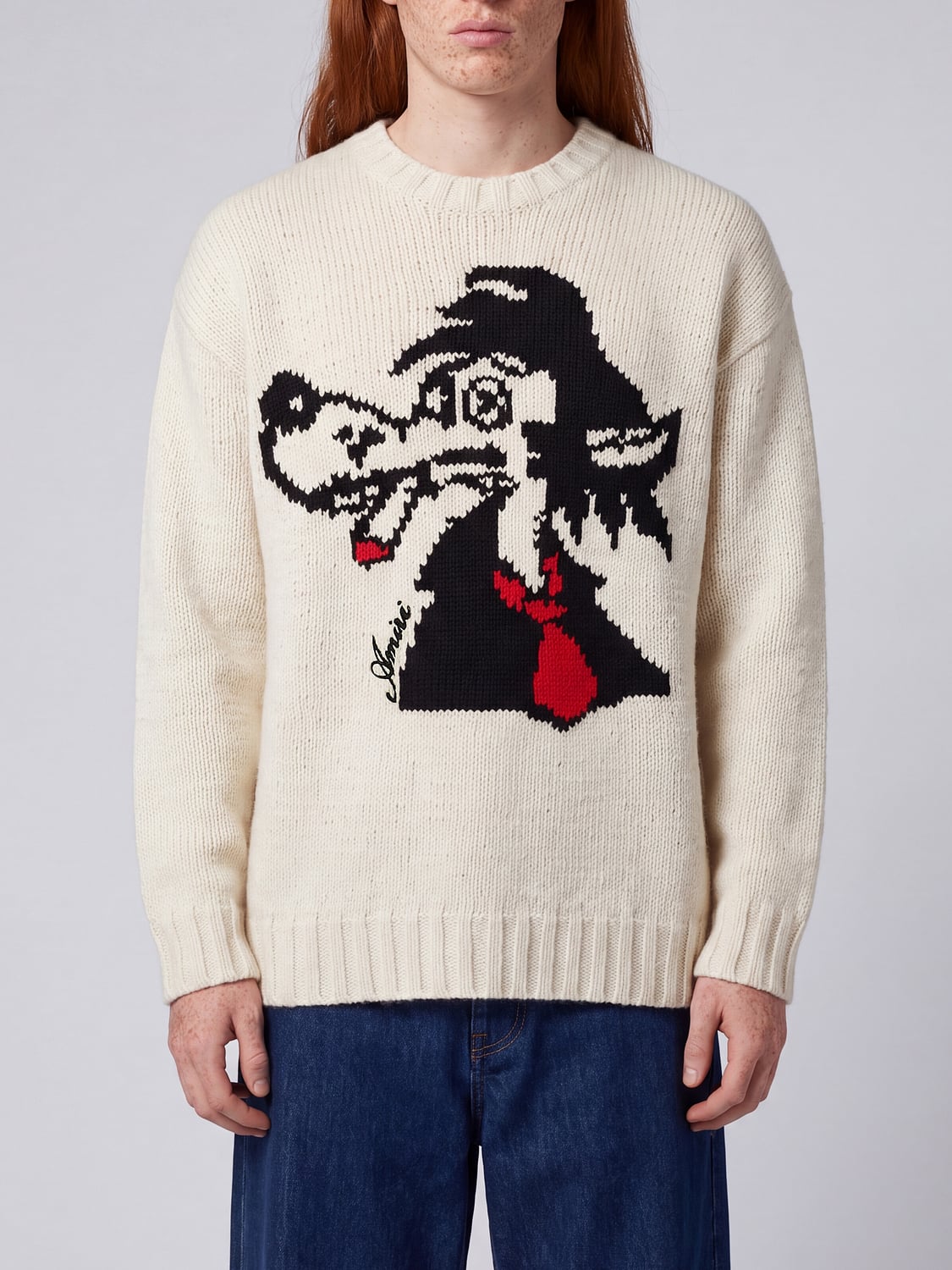 Amiri Wolf Wool and Cashmere Blend Jumper with Graphic Print and Crew Neck