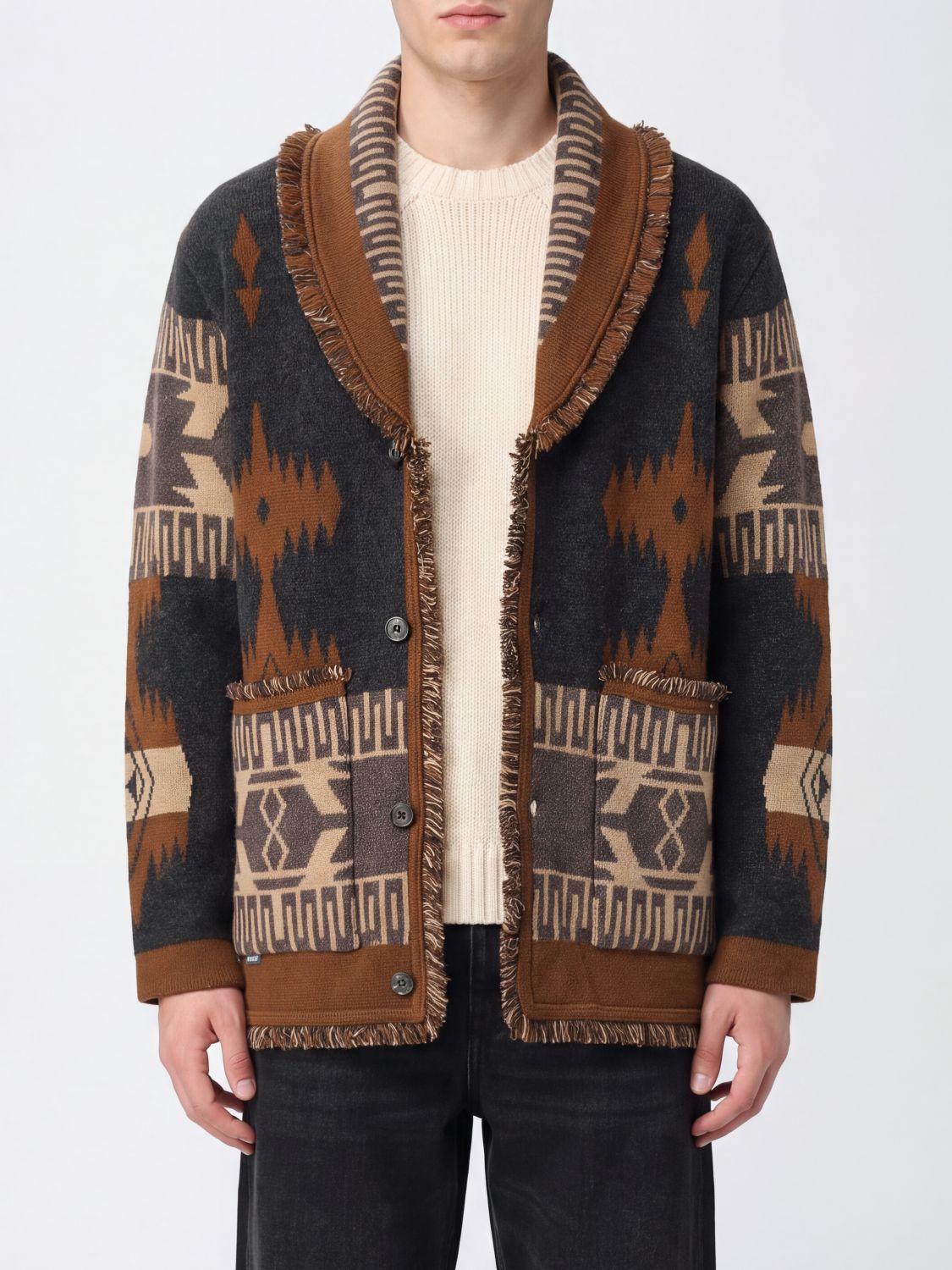 ALANUI Pure Cashmere Cardigan with Ethnic Pattern and Shawl Collar