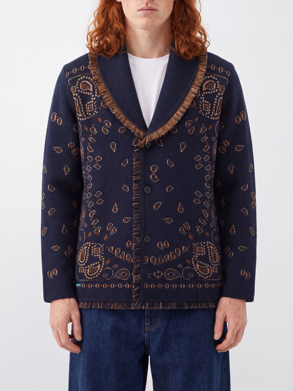 ALANUI Cashmere Cardigan with Bandana Jacquard Motif and Fringed Shawl Collar