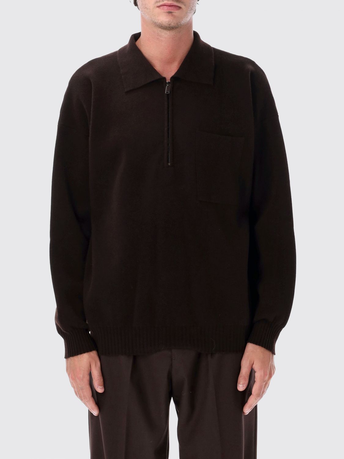ROBERTO COLLINA Long-Sleeved Merino Wool Knit Polo Shirt with Zip