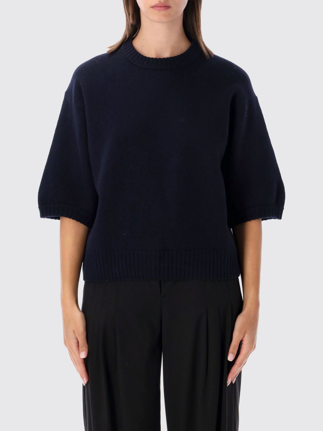 SOEUR Short-Sleeved Merino Wool Jumper with Crew Neck and Dropped Shoulders