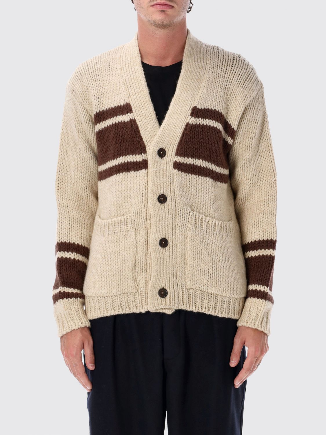 UNIVERSAL WORKS Relaxed Fit Striped Wool V-Neck Cardigan
