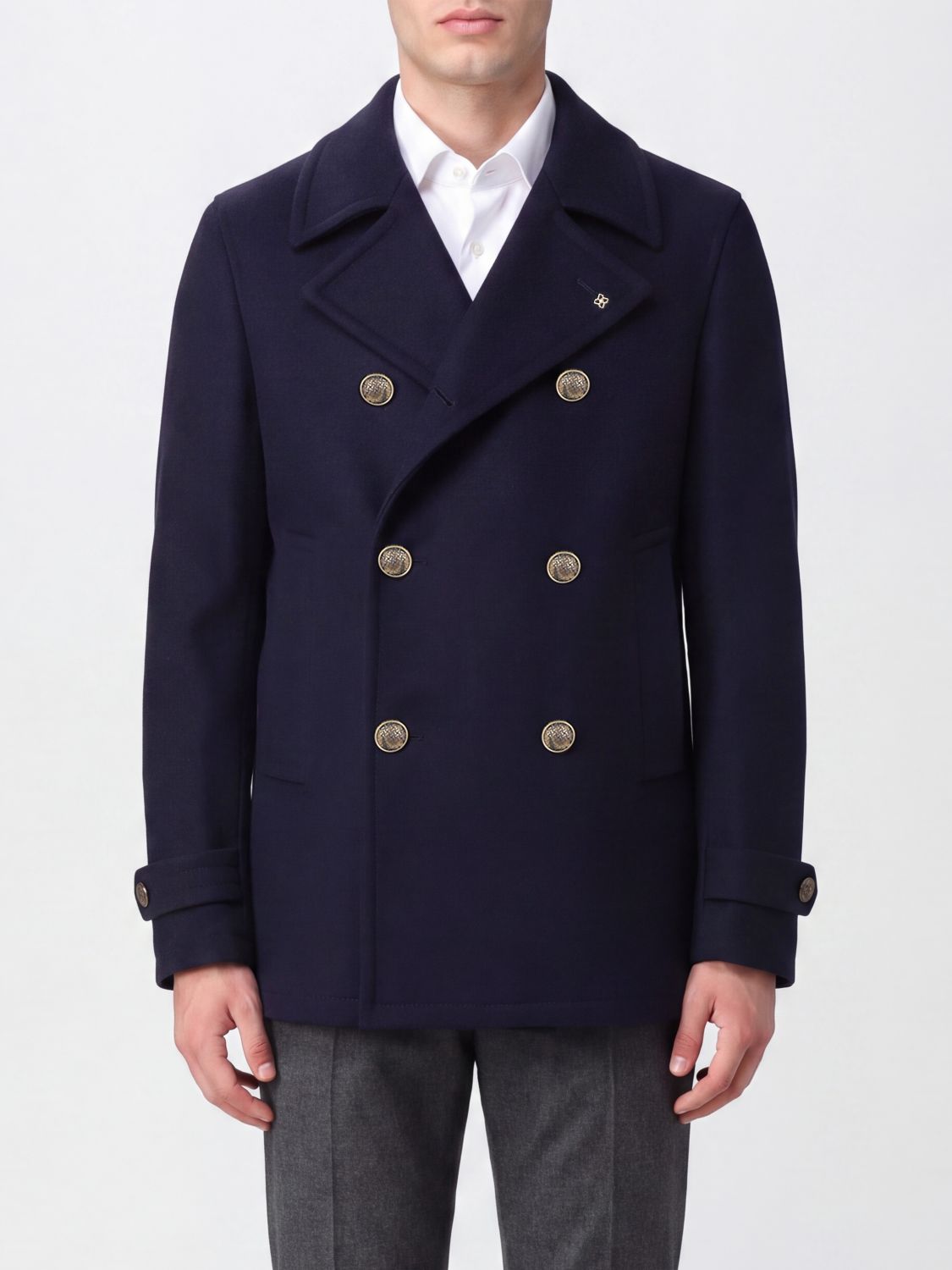 Tagliatore Double-Breasted Peacoat in Wool and Cashmere Blend with Belted Cuffs