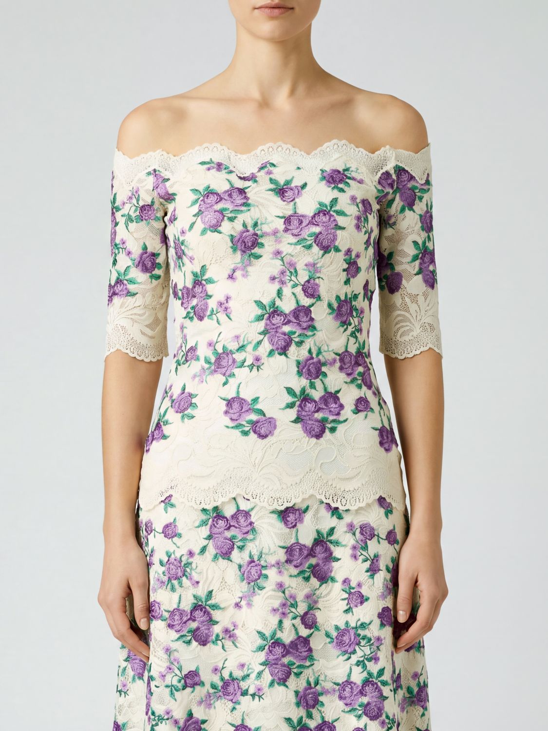 RABANNE Slim-Fit-Top aus Stretch-Jersey mit Blumenstickerei und Spitzeneinsätzen