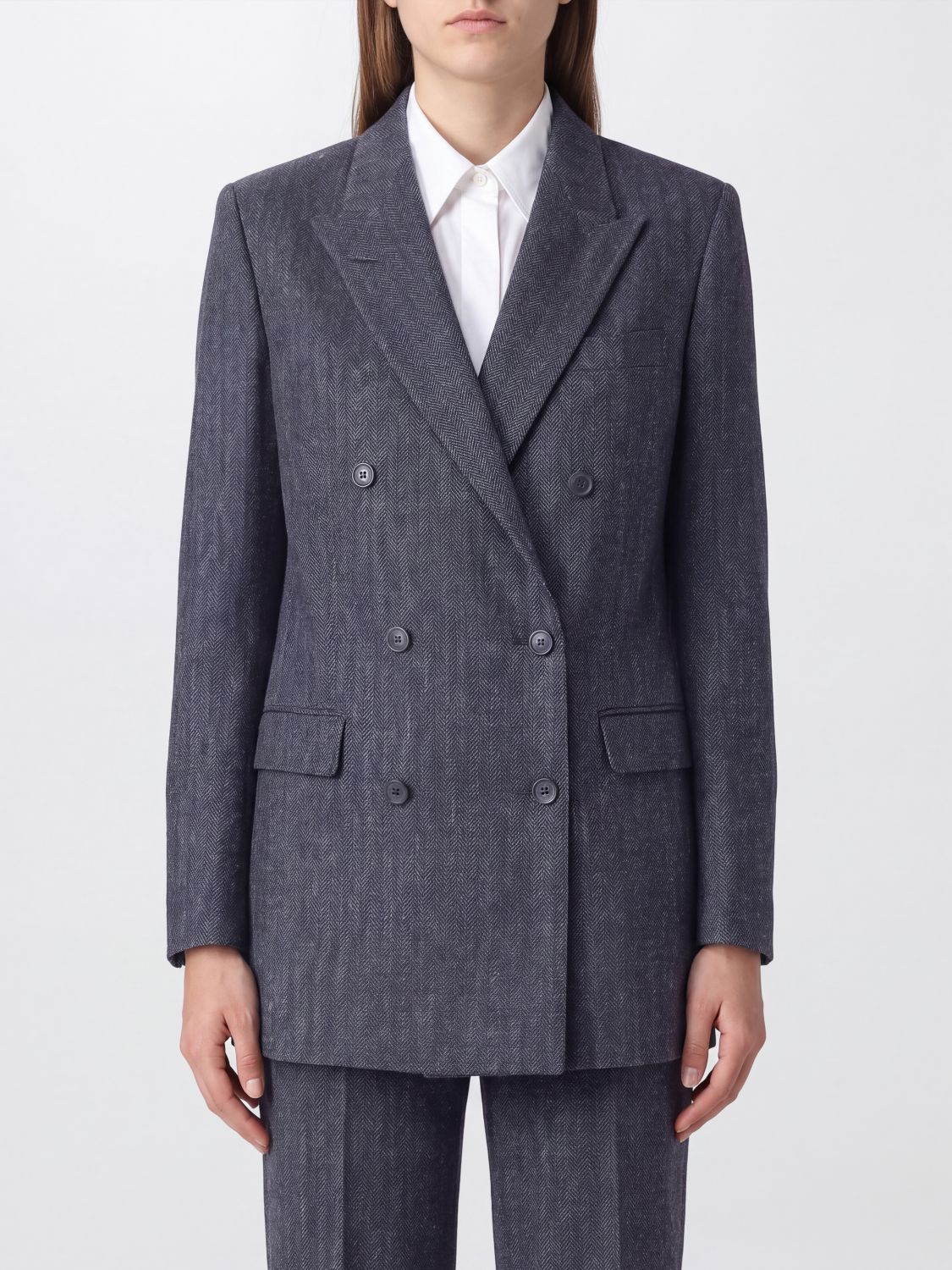 TAGLIATORE Double-Breasted Wool Blend Blazer with Peak Lapels