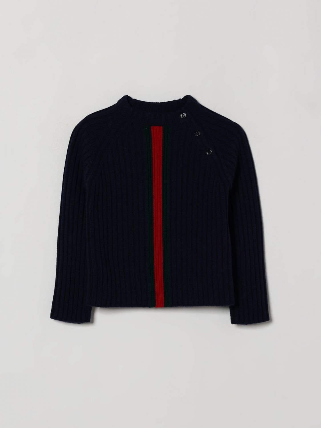 GUCCI Jungen-Rundhalspullover aus gestreifter Wolle mit Web-Detail und Schulterknöpfen