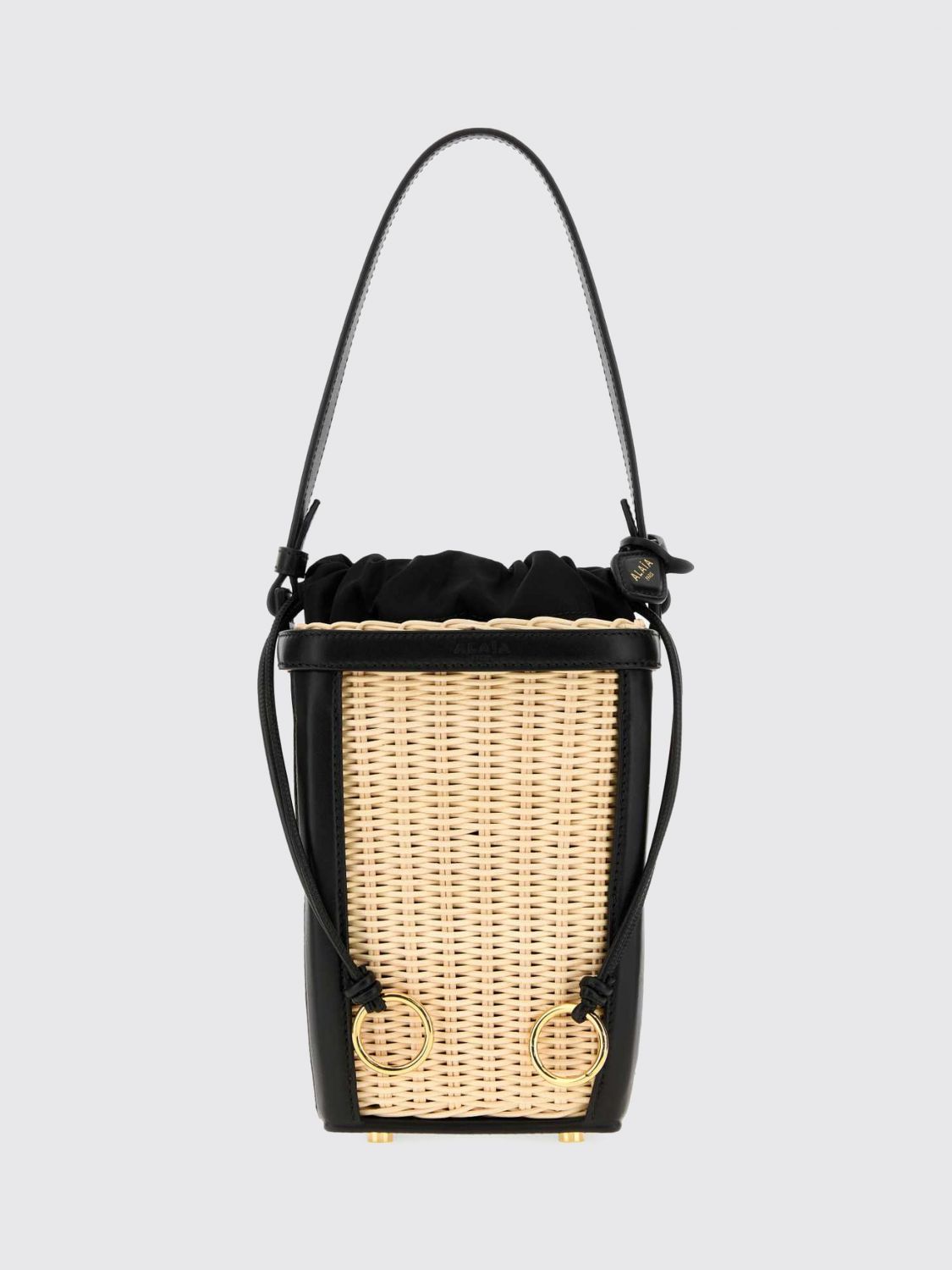 ALAÏA Wicker and Leather Mini Bucket Bag with Drawstring Closure
