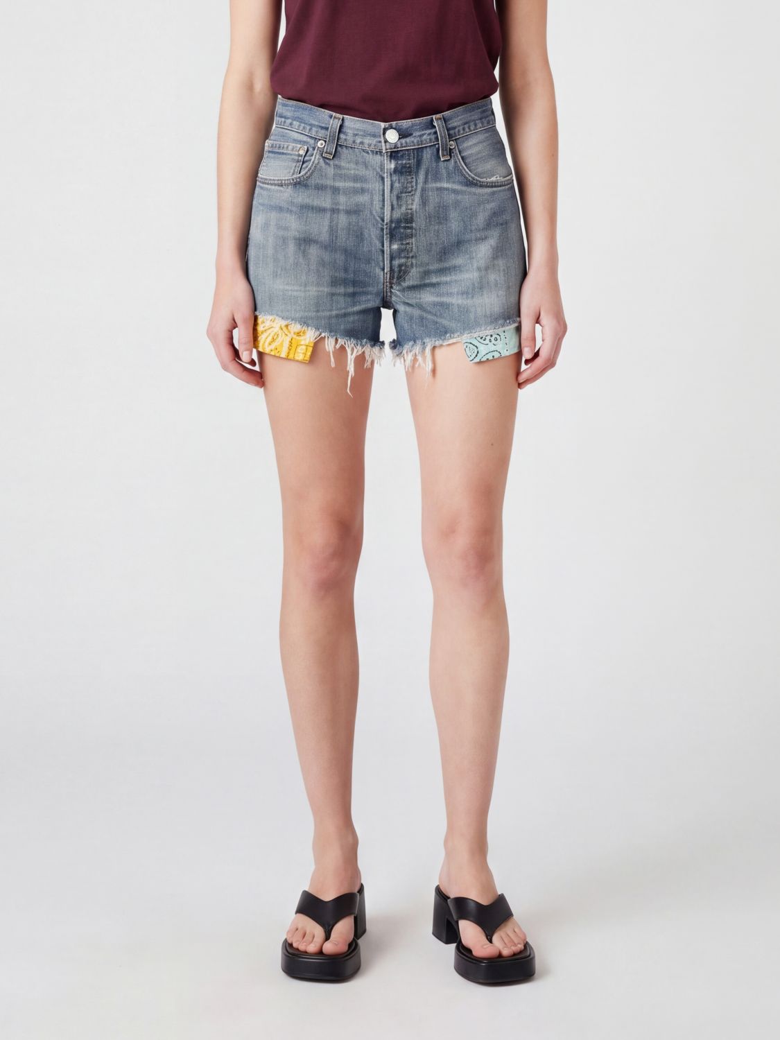 Htc Los Angeles High-Waisted Denim Shorts with Bandana Embroidery and Frayed Hem