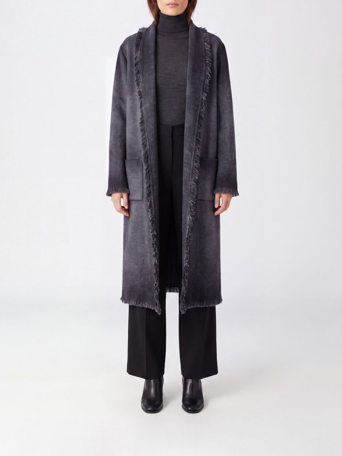 Avant Toi Virgin Wool-Blend Coat with Shawl Collar and Fringed Hem