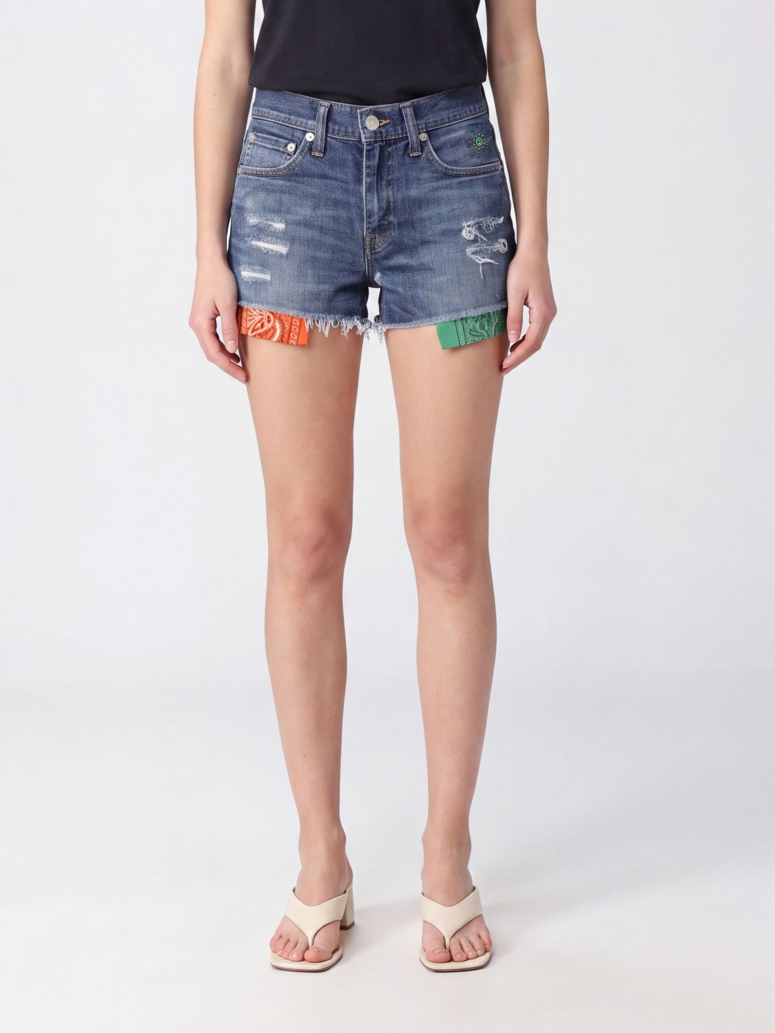 Htc Los Angeles High-Waisted Studded Denim Shorts with Frayed Hem · 28