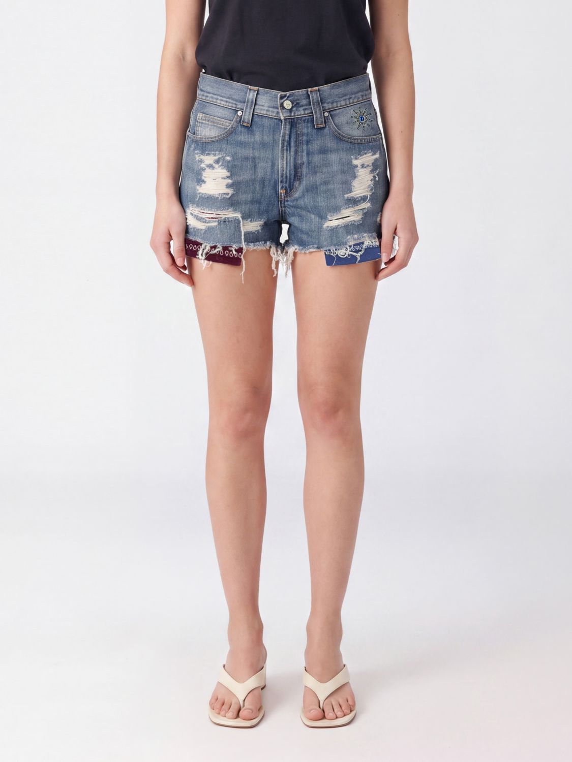 Htc Los Angeles Mid-Rise Studded Denim Shorts with Bandana Embroidery · 30