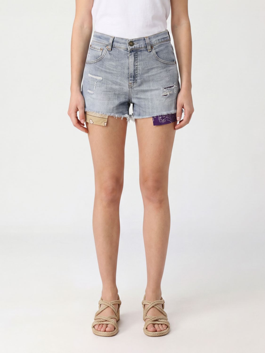 Htc Los Angeles Mid-Rise Distressed Denim Shorts with Bandana Detail