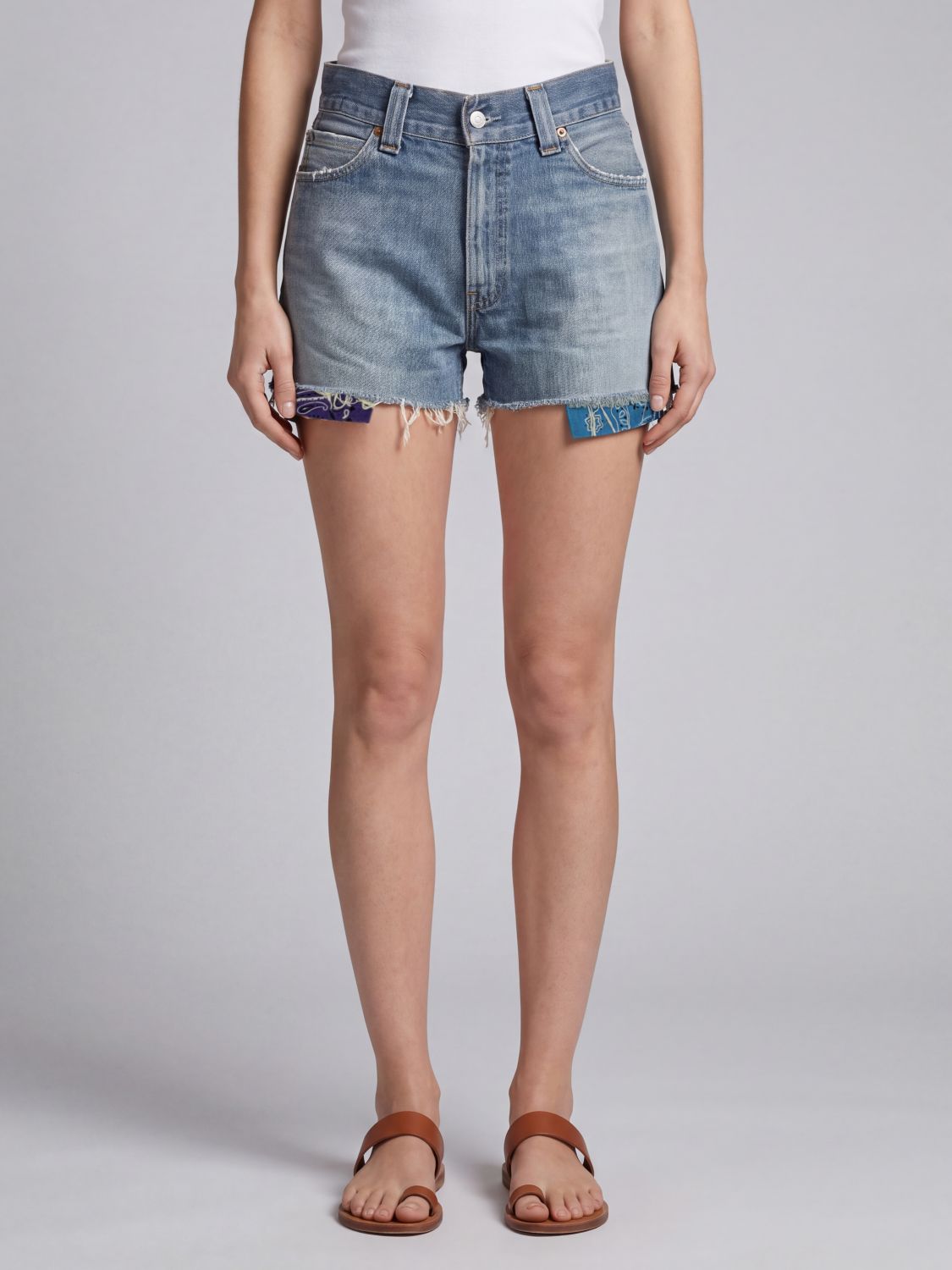 Htc Los Angeles High-Waisted Denim Shorts with Frayed Hem and Bandana Motif · 26