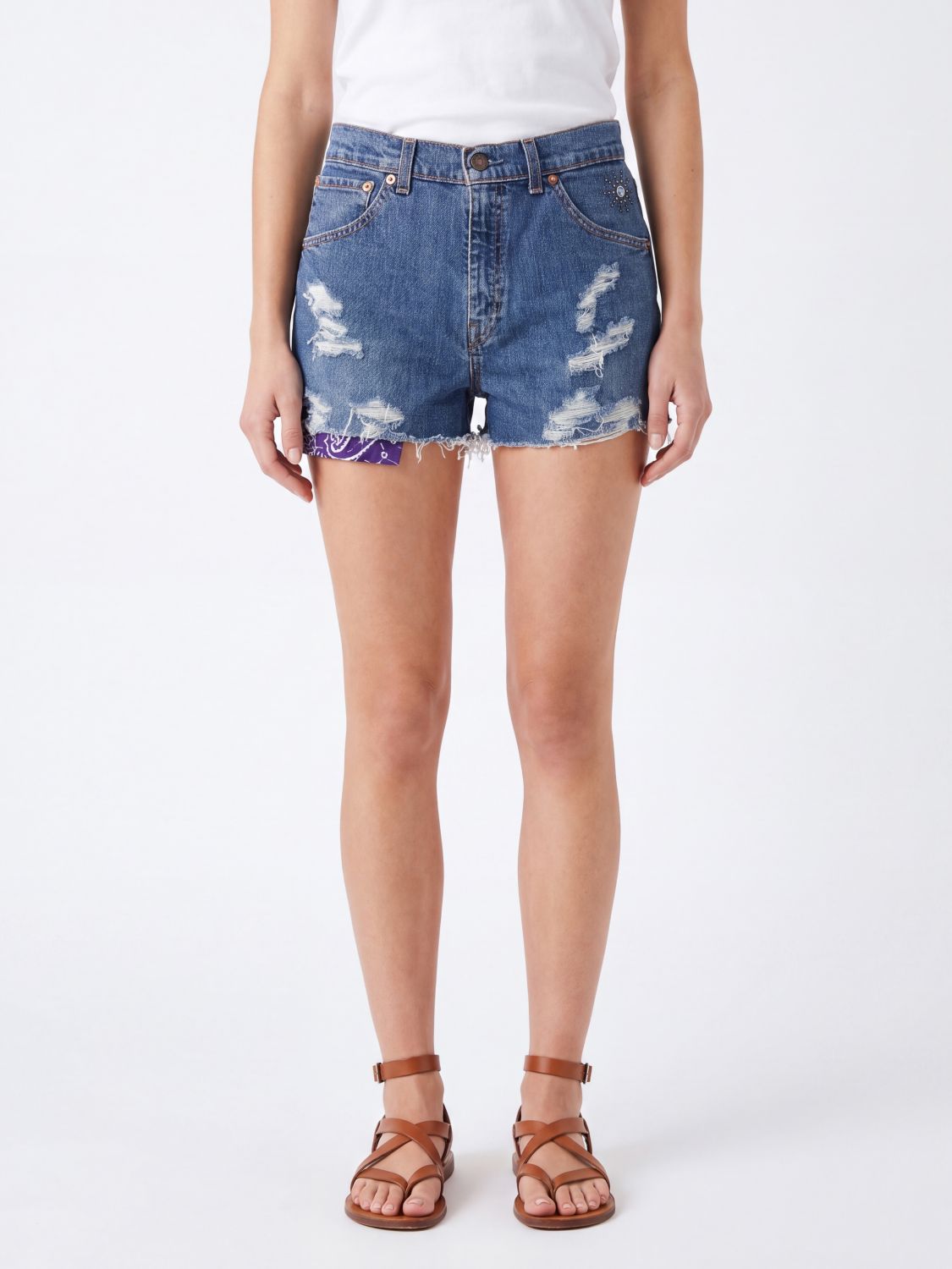 HTC LOS ANGELES High-Waist-Denim-Shorts im Used-Look mit fransigem Saum