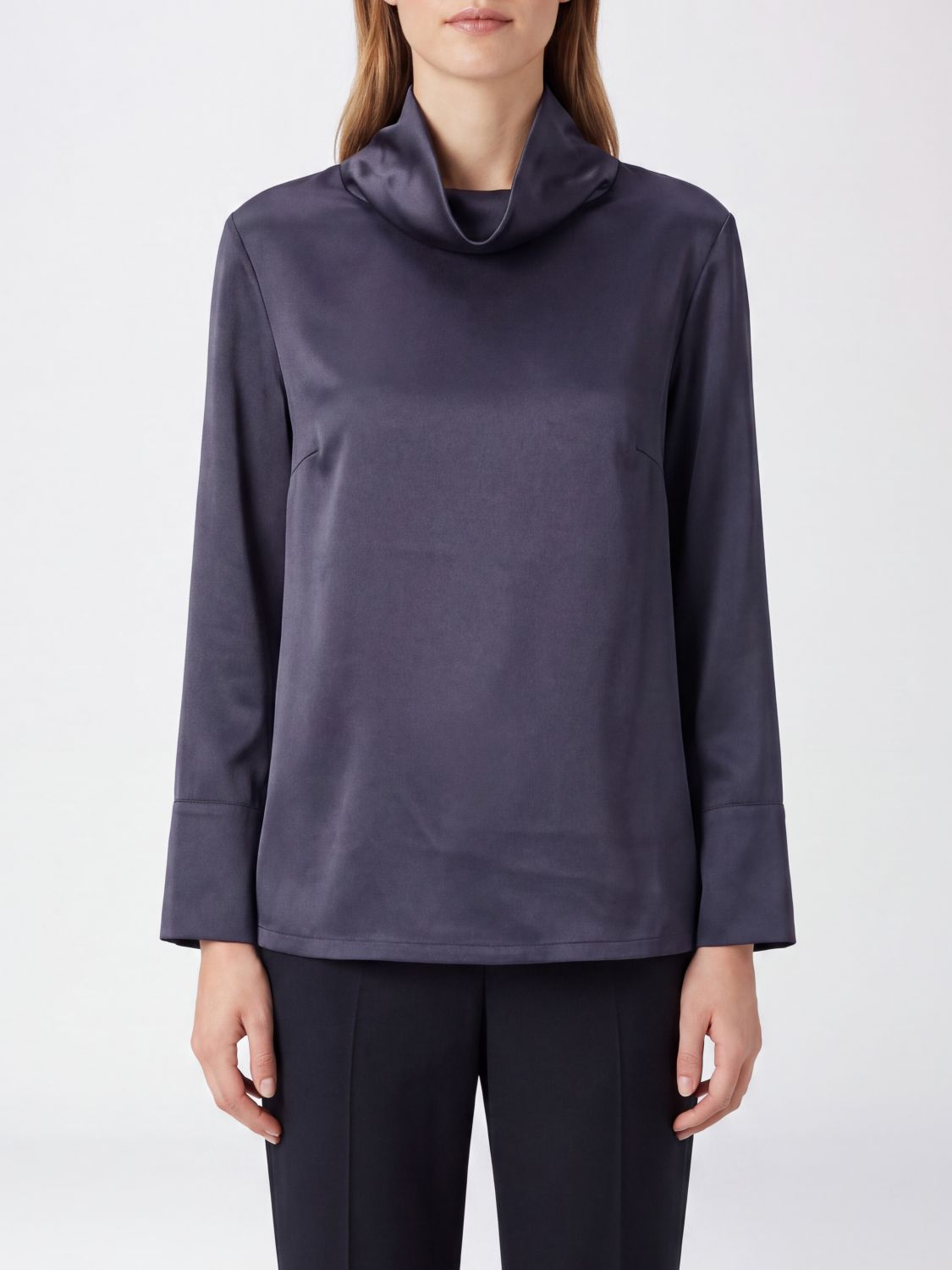 By Malene Birger Satin Blouse with Funnel Neck and Long Sleeves