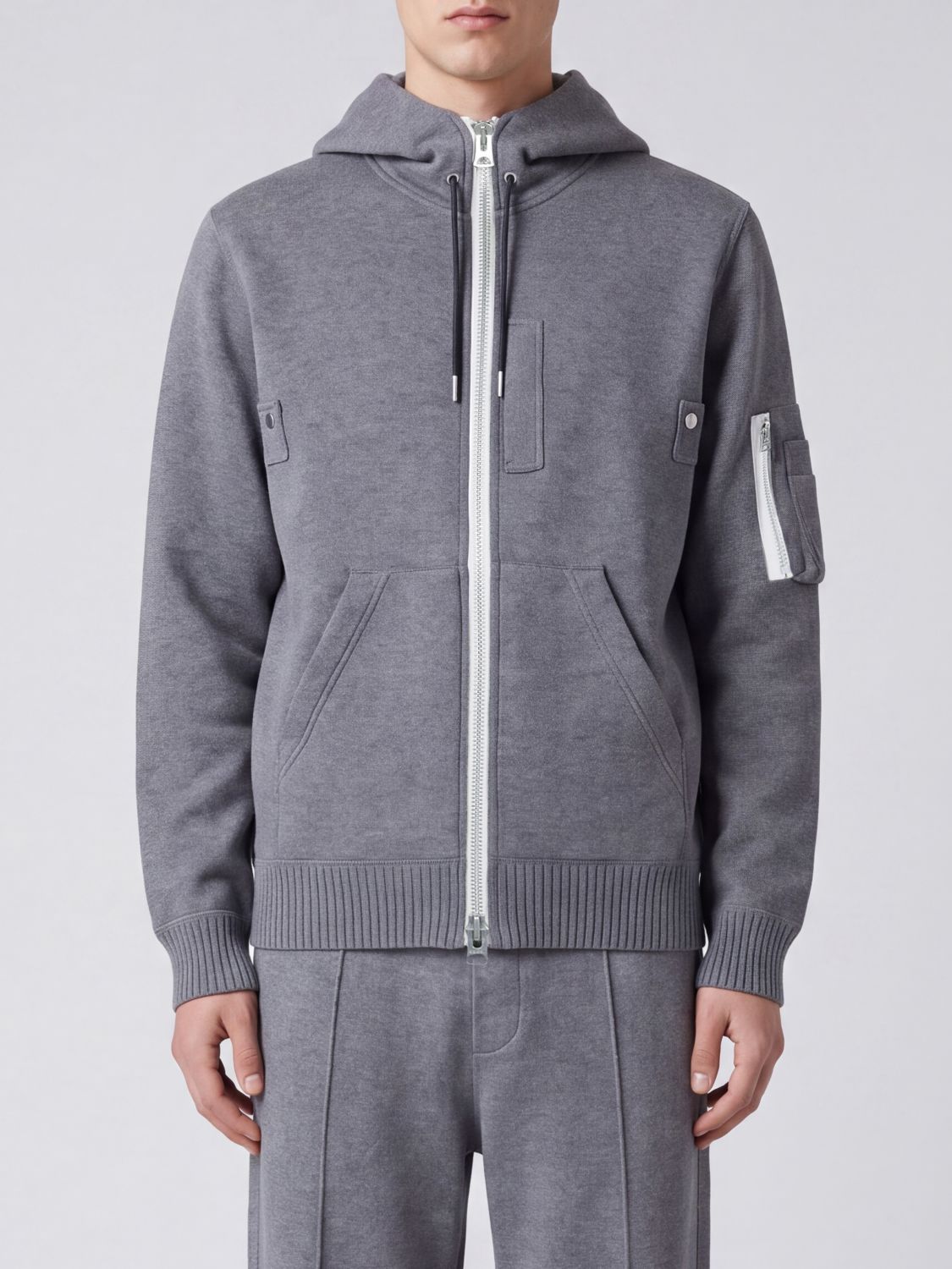 Sacai Zipped Hoodie in Cotton and Cashmere Blend with Logo Buttons